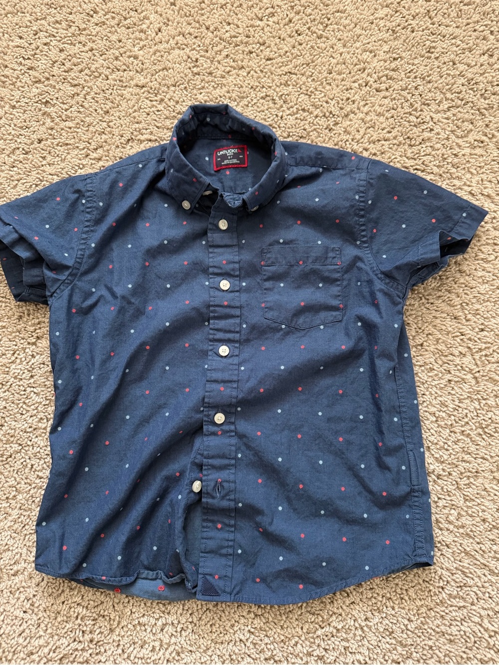 UNTUCKit Navy Short Sleeve Button-Down with Red and Light Blue Dots
